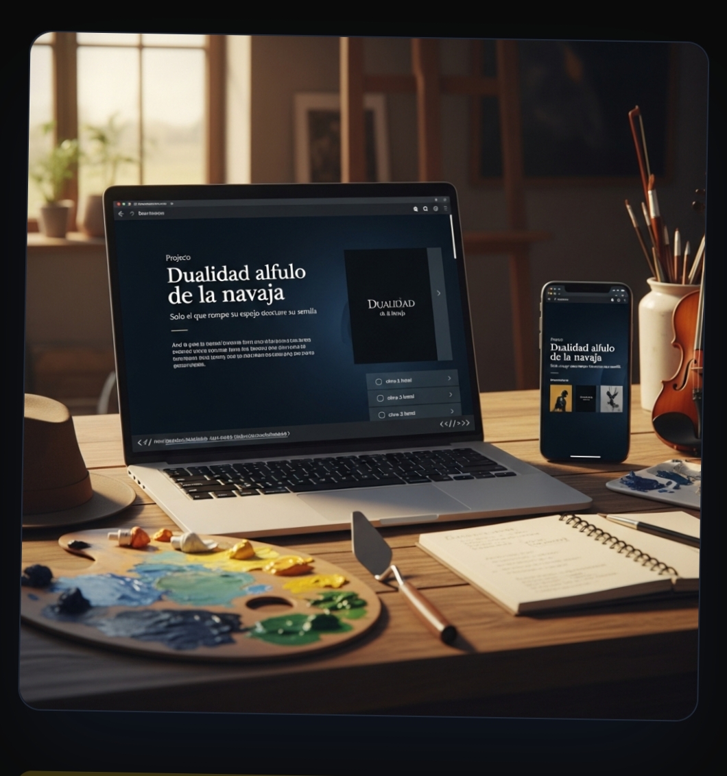 Escritorio creativo con computador, celular y paleta de óleos, espacio donde el trabajo se transforma en obra